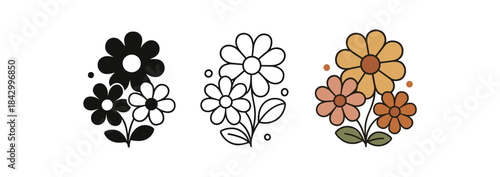 Flat vector illustration stylized flower clusters with different petal counts soft rounded forms clean outline one black and white flat version one outline version one color version cozy
