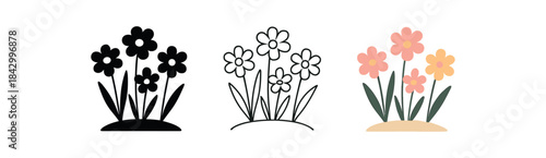 Flat vector illustration simple line flower fields small groups of blossoms soft rounded silhouettes clean outline one black and white flat version one outline version one color version