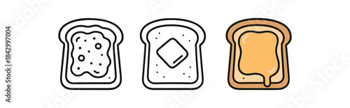 Toast bread with butter and jam icon set. Breakfast, sandwich, snack, bakery symbol. Outline flat and colored vector illustration.