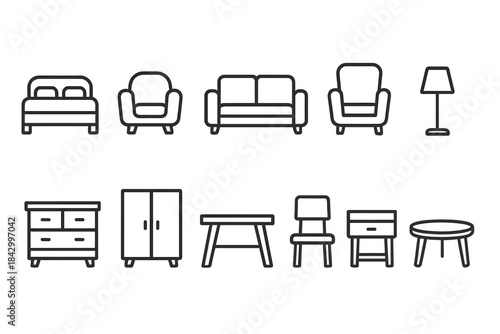 Furniture linear icon set. featuring bed, armchair, sofa, lamp, dresser, wardrobe, table, chair, nightstand, coffee table