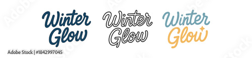 lettering icons three text only designs with phrase winter glow one flat solid monochrome one thin black outline black and white one full color flat icon