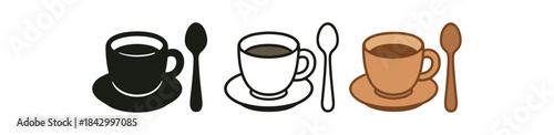 Flat vector illustration small espresso cups and spoons soft rounded silhouettes clean outline one black and white flat version one outline version one color version cozy lifestyle style