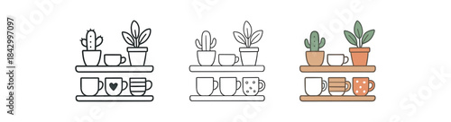 Flat vector illustration kitchen shelves with coffee mugs and plants soft rounded compositions clean outline one black and white flat version one outline version one color version cozy