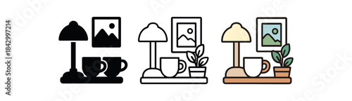 Flat vector illustration home cafe corner decorations with cups and lamp soft rounded shapes clean outline one black and white flat version one outline version one color version cozy