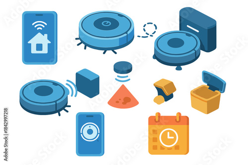 Smart home flat icon set. featuring robot vacuum, smartphone, trash bin, calendar, and alert symbols