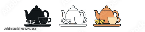 Flat vector illustration tea pot and cup sets with tray and lemon soft rounded shapes clean outline one black and white flat version one outline version one color version cozy lifestyle