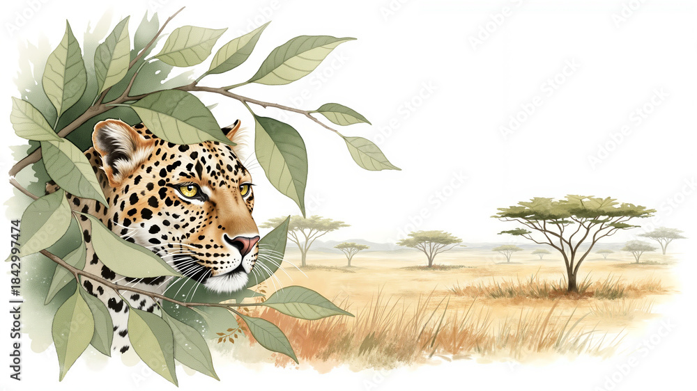 Naklejka premium Leopard portrait in savanna landscape illustration with copy space
