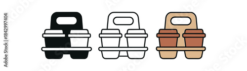 Flat vector illustration takeaway drink holders with cups soft rounded shapes clean outline one black and white flat version one outline version one color version cozy lifestyle style