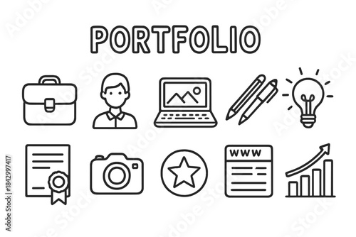 Portfolio essentials linear icon set. featuring briefcase, user, laptop, pencils, and light bulb symbols