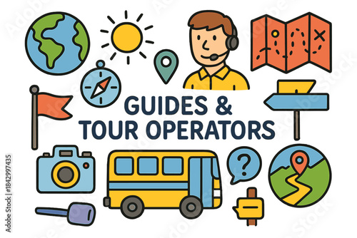 Travel and navigation flat icon set. featuring globe, map, compass, guide, camera, bus, and location symbols