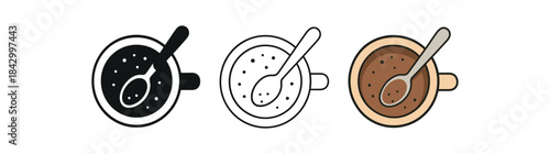 Flat vector illustration spoons stirring coffee cups top view soft rounded shapes clean outline one black and white flat version one outline version one color version cozy lifestyle style