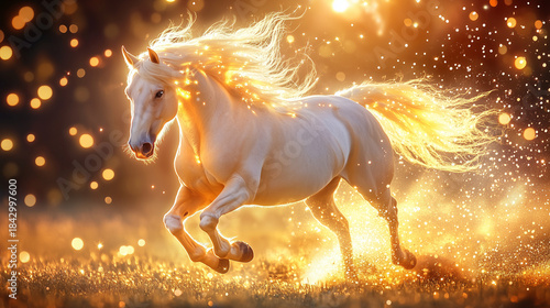 A golden horse gallops, leaving a shimmering trail of golden light behind, creating a magical and powerful atmosphere.
