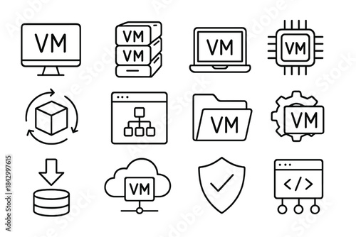 Virtualization linear icon set. featuring vm, server, computer, microchip, cloud, folder, and security symbols