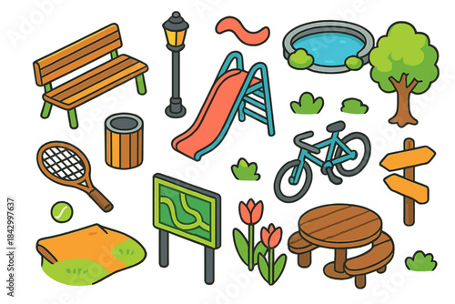Park activities flat icons set. featuring bench, lamp, slide, pond, tree, bike, signpost, picnic table, tennis, flowers