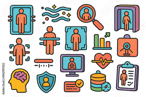 Security and health flat icon set. body scan, antivirus, biometric, search, and health monitoring