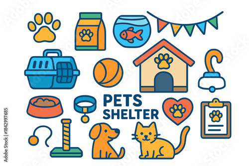 Pet shelter flat icon set. featuring paw print, food bag, fish bowl, cat, dog, pet house, and toys.