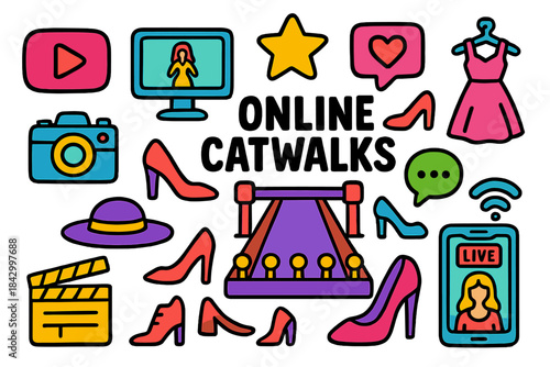 Fashion show flat icon set. featuring runway, online streaming, dress, camera, high heel, star, and chat symbols
