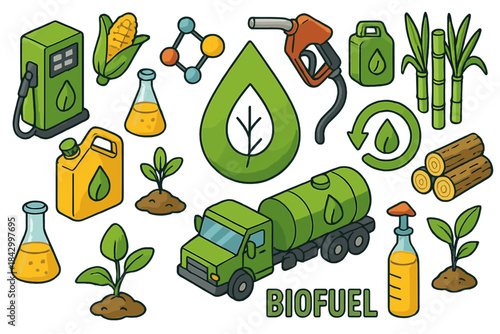 Biofuel processes flat icon set. featuring gas station, molecule, fuel pump, plants, truck, and log symbols