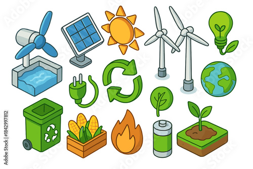 Eco-friendly energy flat icon set. featuring wind turbine, solar panel, recycling, earth, and light bulb symbols.