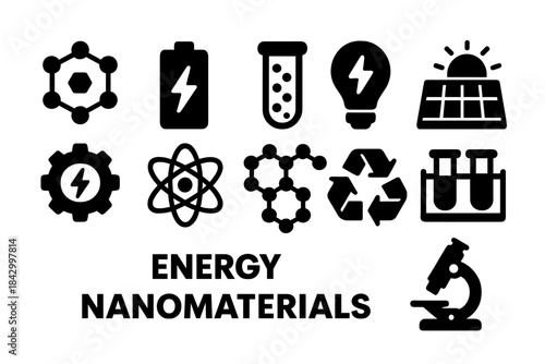 Energy and nanomaterials silhouette icon set. featuring atom, battery, solar panel, recycling, and microscope symbols