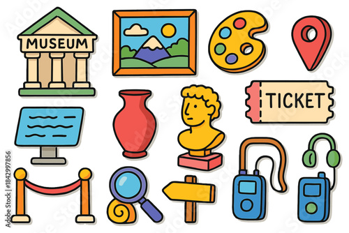 Museum visit flat icon set. featuring museum, painting, palette, location, ticket, and sculpture symbols