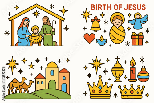Nativity scene flat icon set. featuring birth of jesus, mary, joseph, star, angel, gift, crown, stable.