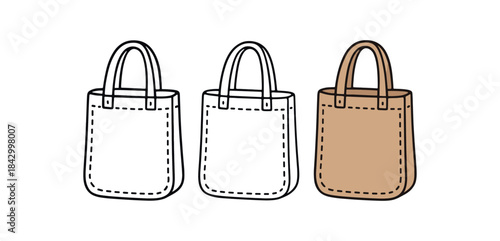 Flat vector illustration fabric grocery totes with stitched patterns soft rounded shapes clean outline one black and white flat version one outline version one color version cozy eco