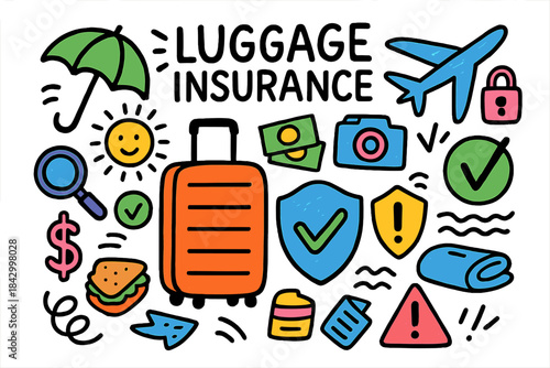 Travel essentials flat icon set. featuring luggage, umbrella, airplane, money, camera, and map symbols