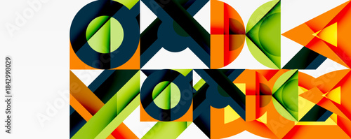 Abstract geometric pattern. Bold colors create dynamic visual texture. Shapes overlap, forming repeating design elements.