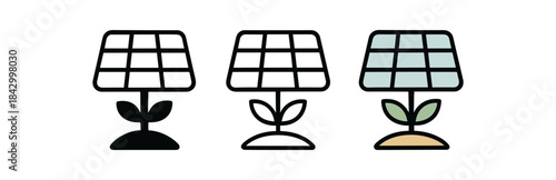 Flat vector illustration solar panel and small plant icons soft rounded forms clean outline one black and white flat version one outline version one color version cozy eco lifestyle style
