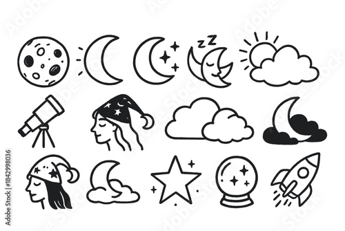 Celestial elements silhouette icon set. featuring moon phases, clouds, telescope, star, and rocket symbols