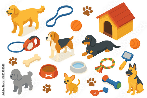 Pet care flat icon set. featuring dog, bone, house, food, water, toys, leash, ball, and paw print icons