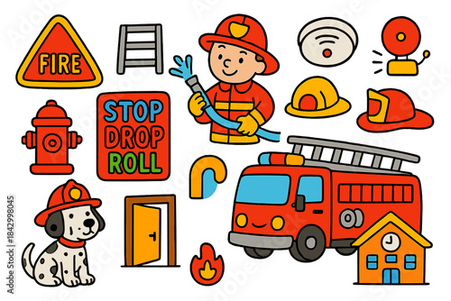 Fire safety flat icons set. featuring firefighter, fire truck, alarm, hydrant, dalmatian, ladder