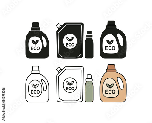 Flat vector illustration eco detergent bottles and refill pouches soft rounded silhouettes clean outline one black and white flat version one outline version one color version cozy eco