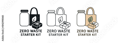 Flat vector illustration zero waste starter kits jar bag and soap soft rounded silhouettes clean outline one black and white flat version one outline version one color version cozy eco