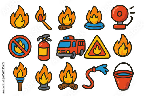 Fire safety flat icon set. featuring fire extinguisher, fire truck, fire alarm, warning sign, burning log symbols