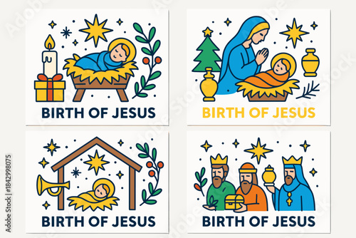 Religious flat icon set. featuring nativity, jesus, mary, three wise men, star, and manger symbols