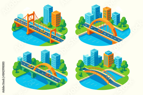 Urban infrastructure flat icon set. featuring bridge, river, road, cityscape, car, building, and trees