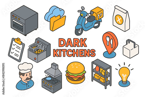 Dark kitchens flat icons set. featuring oven, folder, scooter, bag, checklist, fryer, chef, stove, burger, shelf, bulb.