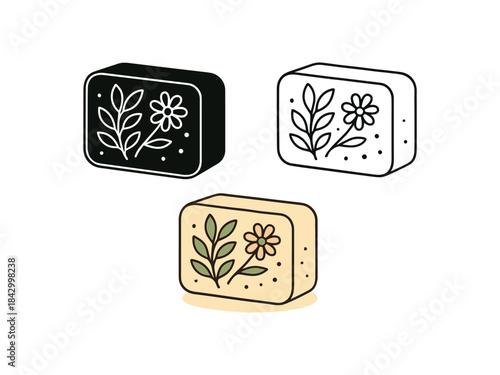 Flat vector illustration handmade soap bars with herbs and flowers soft rounded forms clean outline one black and white flat version one outline version one color version cozy eco lifestyle