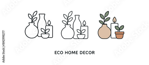 Flat vector illustration eco home decor vases candles and small plants soft rounded shapes clean outline one black and white flat version one outline version one color version cozy eco