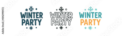 lettering icons three text only designs with phrase winter party one flat solid monochrome one thin black outline black and white one full color flat icon