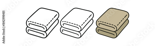 Flat vector illustration folded eco towels with stitched edges soft rounded shapes clean outline one black and white flat version one outline version one color version cozy eco lifestyle