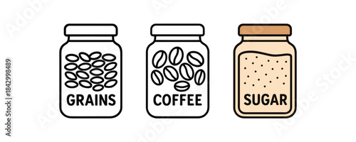 Flat vector illustration reusable jars with grains coffee and sugar soft rounded shapes clean outline one black and white flat version one outline version one color version cozy eco
