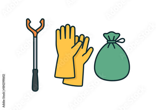 Flat vector illustration of cleanup tools: grabber gloves and reusable sack rounded shapes clean outline clean white background