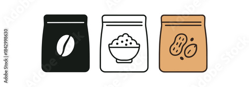 Flat vector illustration refill bags for coffee cereal and nuts soft rounded silhouettes clean outline one black and white flat version one outline version one color version cozy eco