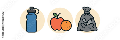 Flat vector illustration of park cleaning picnic: reusable water bottle fruit and bag of collected litter rounded shapes clean outline clean white background