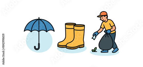Flat vector illustration of rainy cleanup day: umbrella rubber and volunteer with bag rounded shapes clean outline clean white background