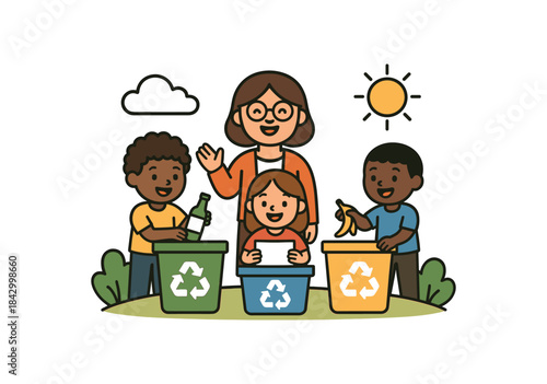 Flat vector illustration of kids learning recycling outdoors: bins smiling teacher and sun rounded shapes clean outline clean white background
