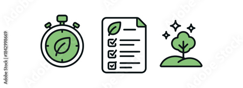 Flat vector illustration of eco challenge: timer checklist and clean area rounded shapes clean outline clean white background
